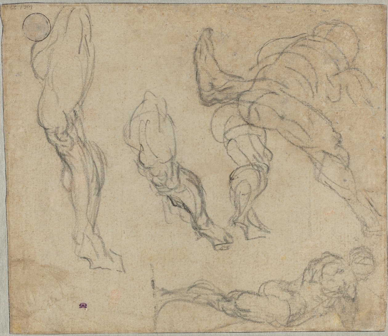 Figuurit ja jalat, 1575-80 (musta liitu lyötyyn paperiin) tekijältä Jacopo Robusti Tintoretto