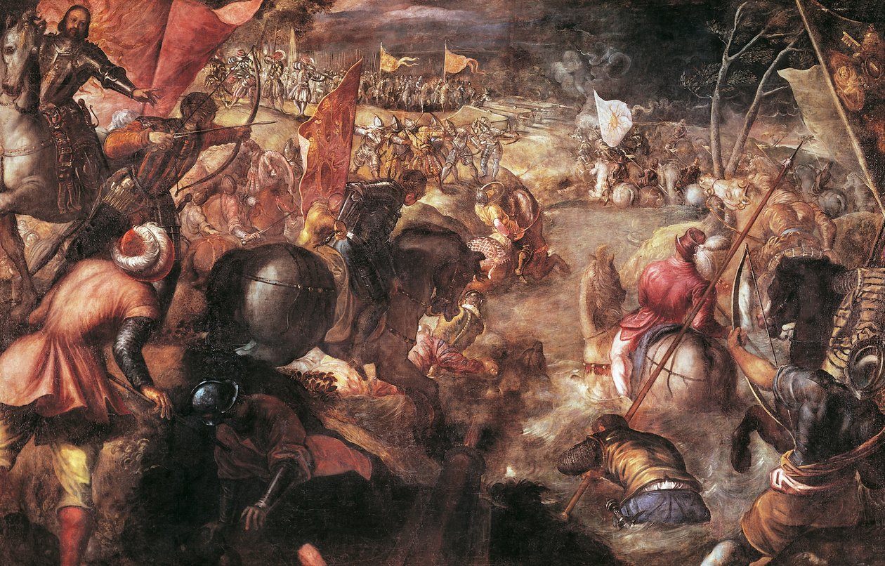 Francesco II Gonzaga Taistelee Taron taistelussa Ranskan Kaarle VIII:ta vastaan vuonna 1495 tekijältä Jacopo Robusti Tintoretto