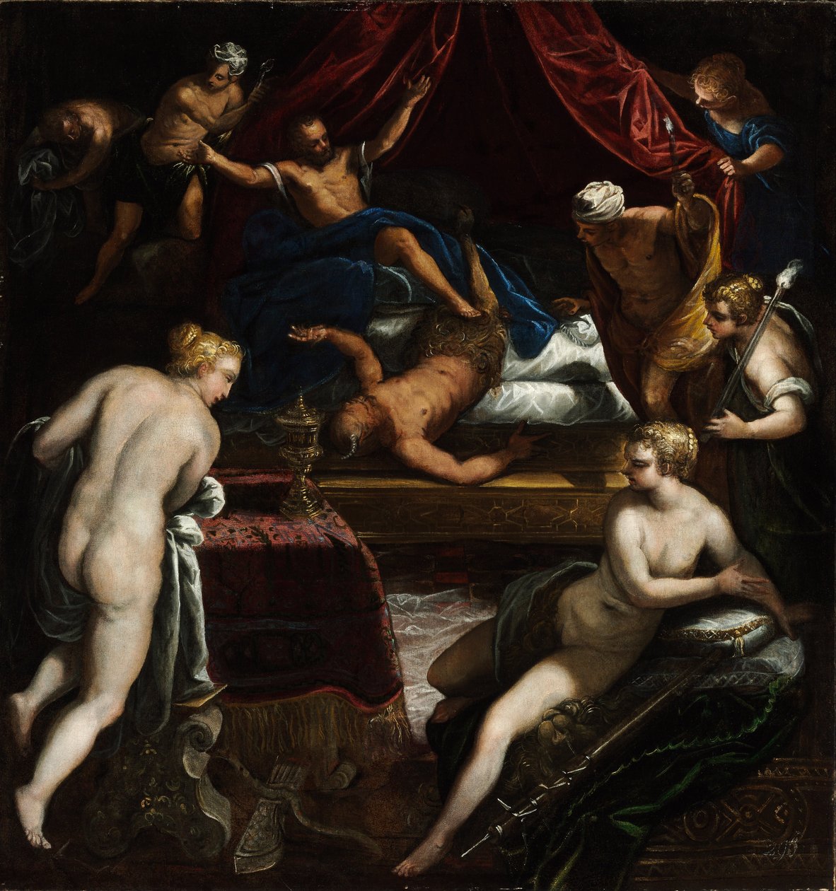 Hercules karkottaa faunin Omphalesin sängystä tekijältä Jacopo Robusti Tintoretto