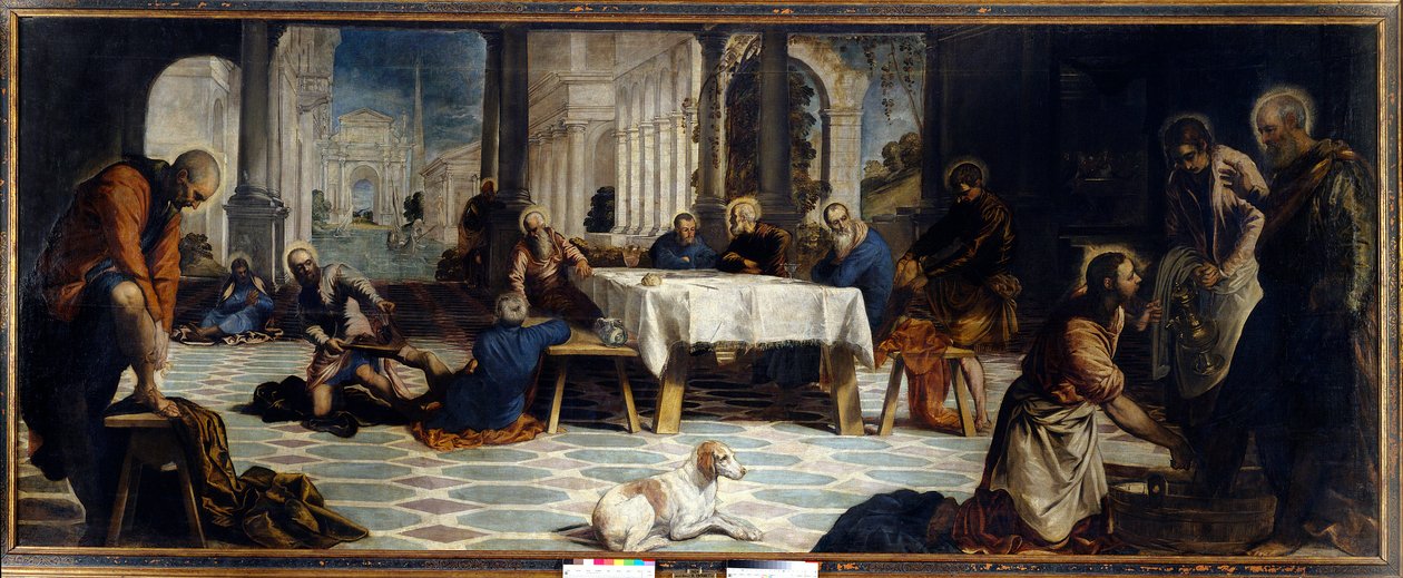 Jeesus Kristus pesi opetuslastensa jalat. Jacopo Robustin maalaus detto Il Tintoretto (The Tintoret tekijältä Jacopo Robusti Tintoretto