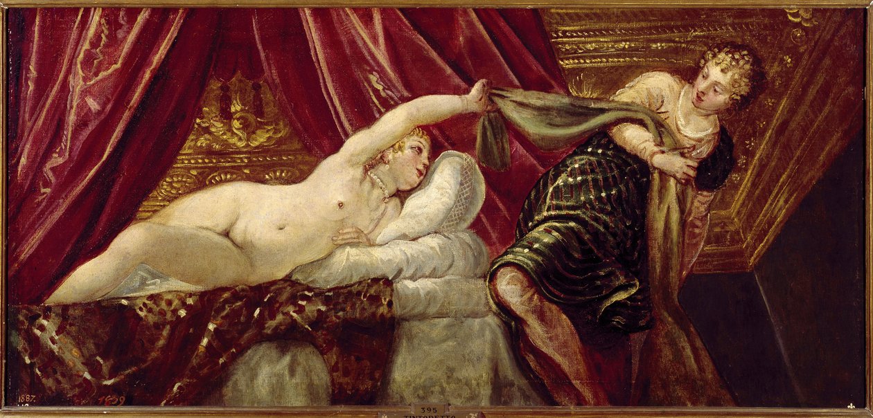 Joseph ja Putipharin (tai Potipharin) vaimo Jacopo Robustin maalaus dit il Tintoretto (Tintoret) (1518-1594) 1555 noin. Aurinko. 54x117 cm Madrid, Prado-museo tekijältä Jacopo Robusti Tintoretto