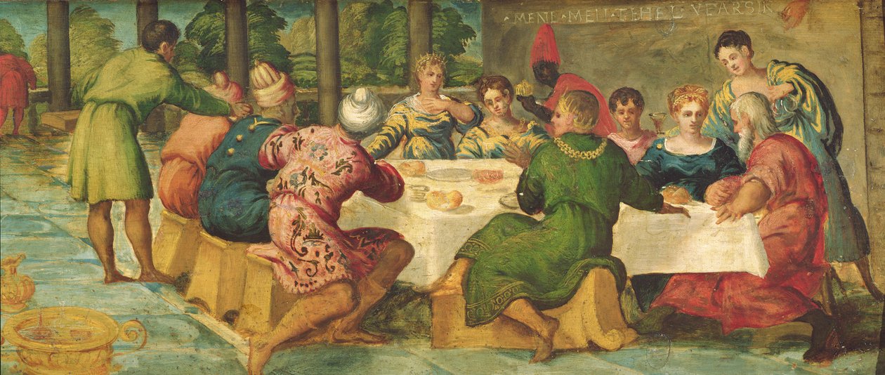 Kuningas Belsassarin juhla, n. 154344 (paneeli) (70487:n yksityiskohta) tekijältä Jacopo Robusti Tintoretto