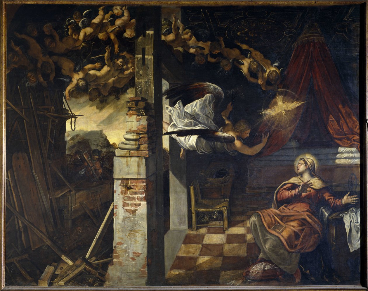 Ilmoitus. Jacopo Robustin maalaus, joka tunnetaan nimellä Le Tintoretto (Il Tintoretto) (1518-1594) tekijältä Jacopo Robusti Tintoretto