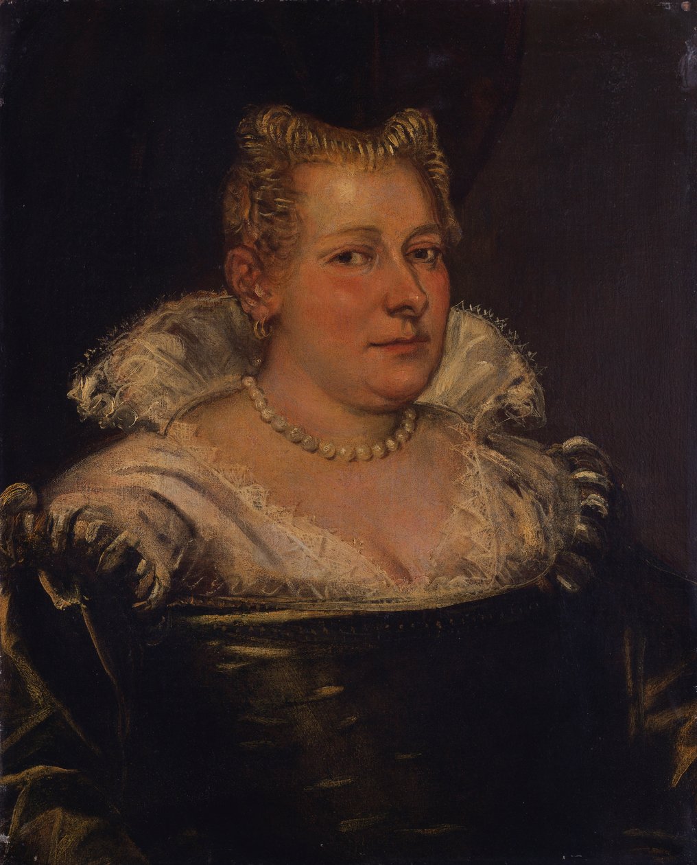 Naisen muotokuva, rinnan pituus vihreässä mekossa, jossa valkoinen kaulus tekijältä Jacopo Robusti Tintoretto