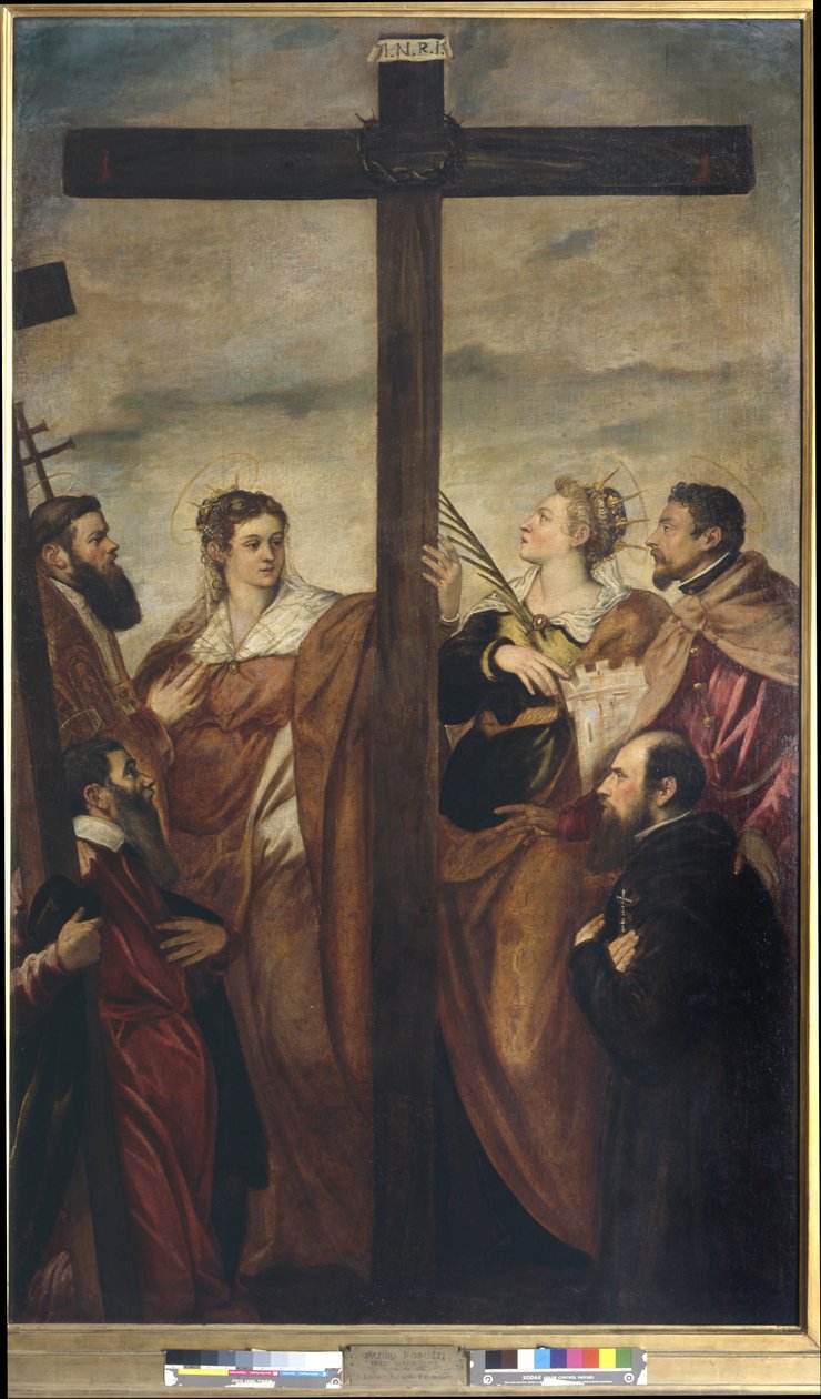 Pyhät Helena, Barbara, Andreas, Macarius, toinen pyhimys ja uskovainen palvovat ristiä, n. 1560 (öljy kankaalle) tekijältä Jacopo Robusti Tintoretto
