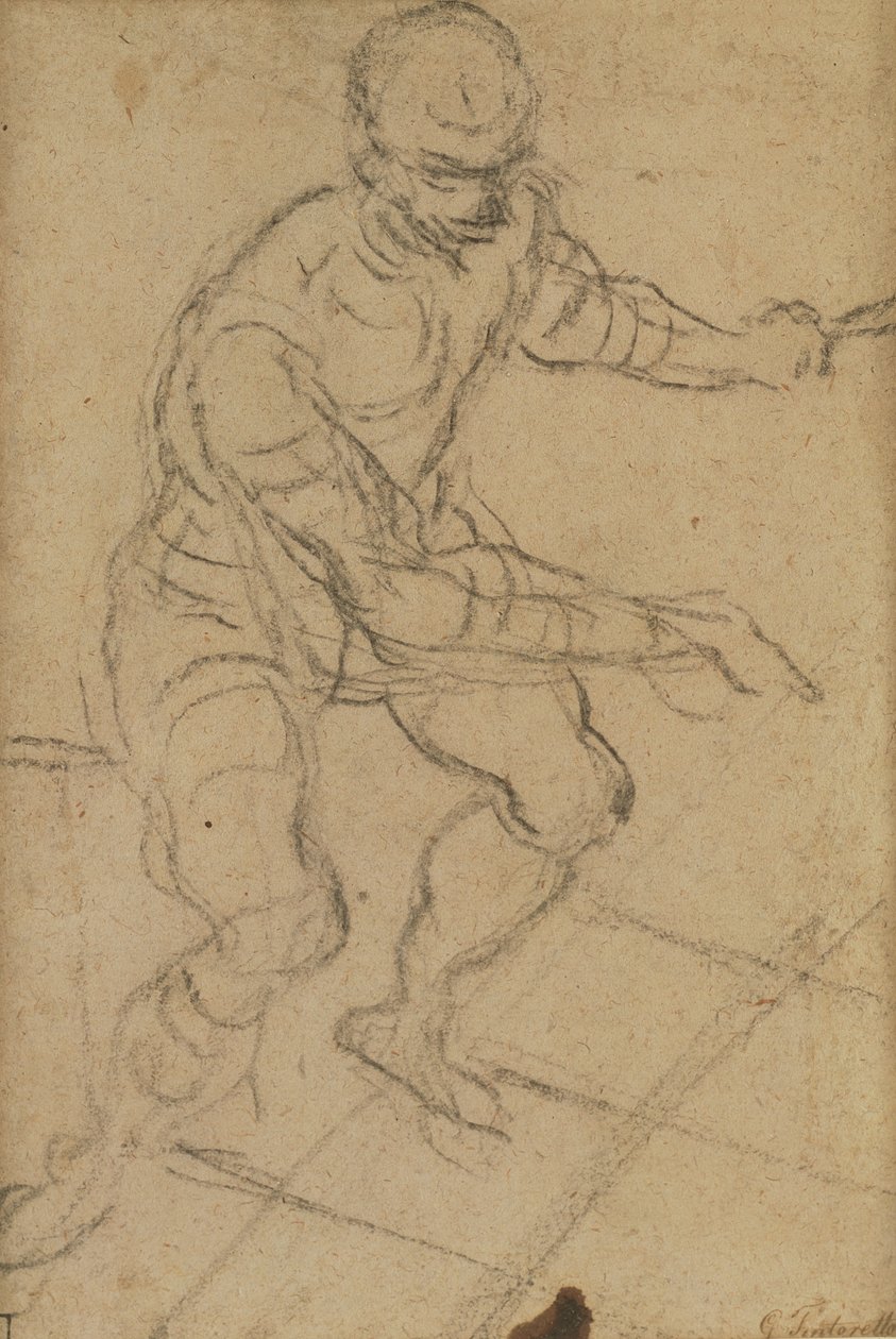 Istuva mies ylhäältä katsottuna (musta liitu paperille) (recto) (katso versio 160813) tekijältä Jacopo Robusti Tintoretto