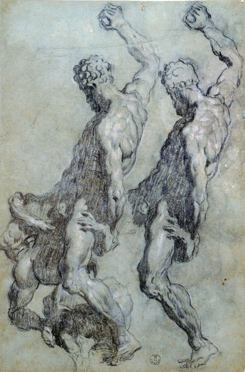 Jacopo Robustin Tintoretto (1518-1594) tutkimus hahmoista, piirtäen mustalla kynällä ja hiilellä tekijältä Jacopo Robusti Tintoretto