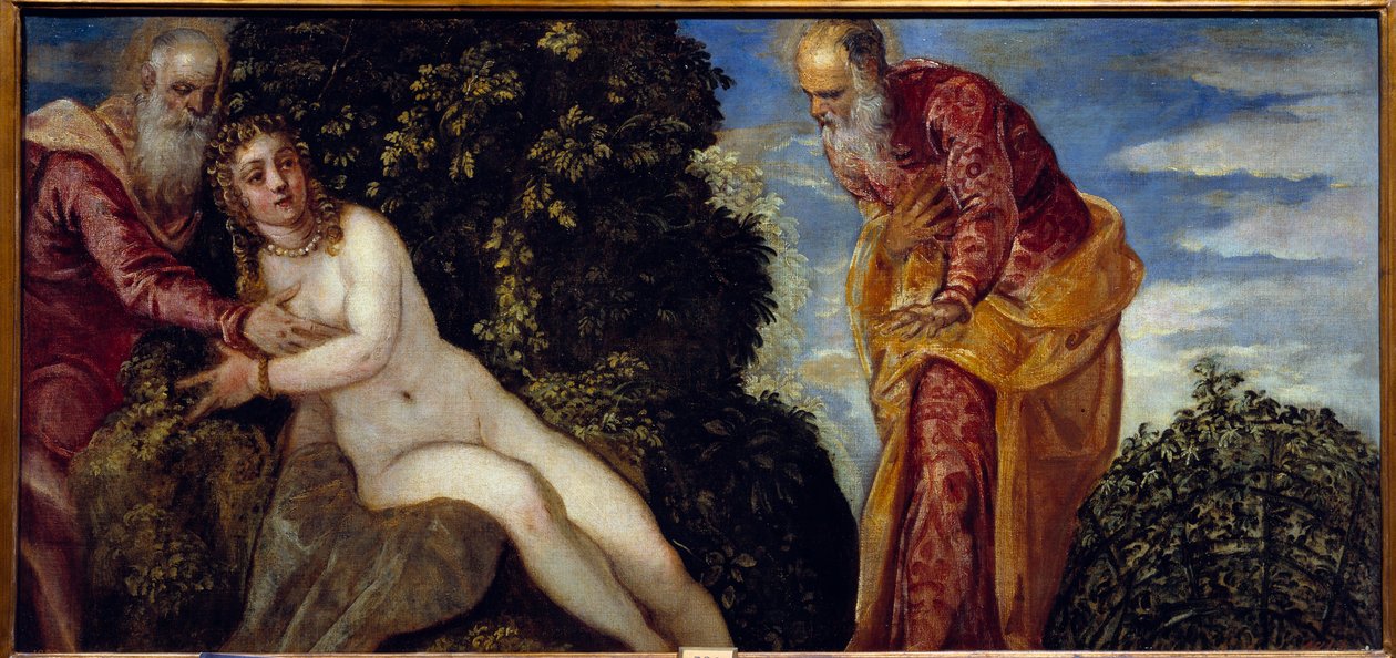 Jacopo Robustin Suzanne ja vanhimmat maalaus Tintoretissa tai Il Tintoretto (1518-1594) 1500-luvun aurinko. 0,58 x 1,16 m Madrid, Musee du Prado tekijältä Jacopo Robusti Tintoretto