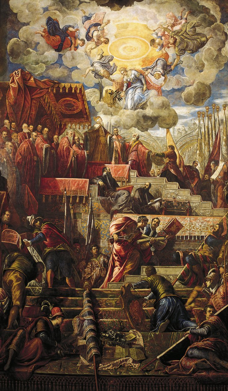 Doge Niccolo da Ponte vastaanottaa oliivinoksaa Venetsiasta, Jacopo Robusti, joka tunnetaan nimellä Tintoretto (1518-1594), Detail, Sala del Maggior Consiglio (Suuren neuvoston sali), Palazzo Ducale, Venetsia tekijältä Jacopo Robusti Tintoretto