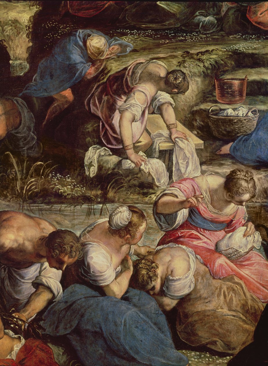 Mannan kokoontuminen, keskeinen yksityiskohta: ompeleva nainen tekijältä Jacopo Robusti Tintoretto