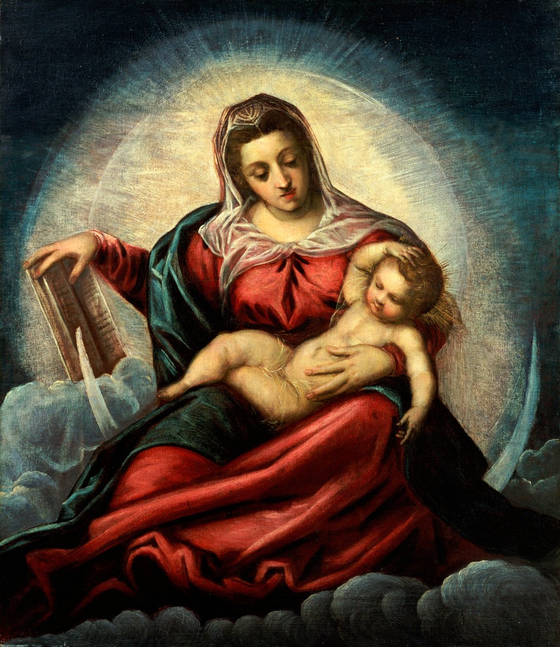 Madonna ja lapsi mandorlassa puolikuussa ja pilvissä, viisauden kirjan kanssa tekijältä Jacopo Robusti Tintoretto