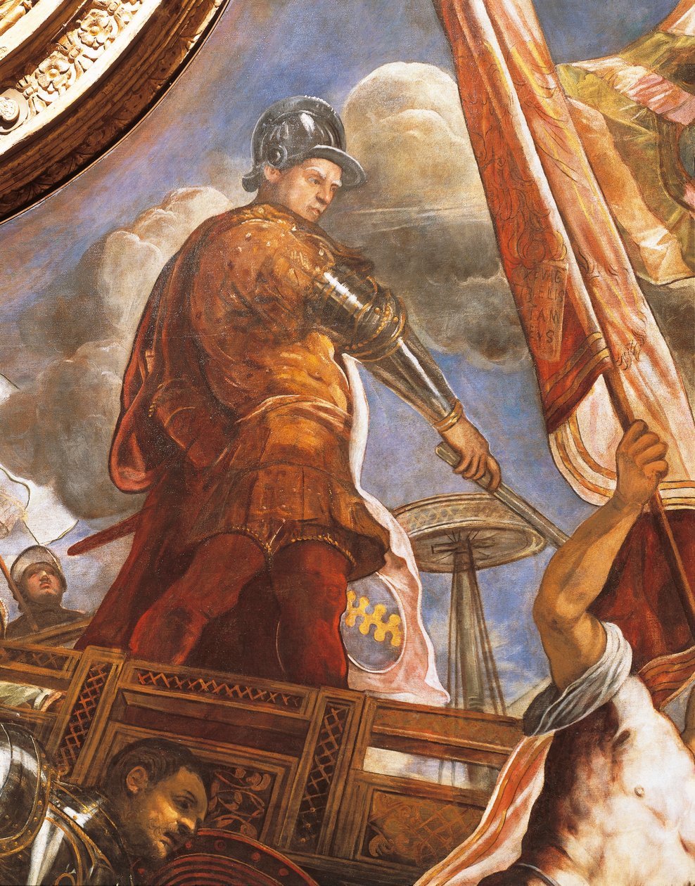 Venetsialaiset taistelevat aragonialaisia vastaan Gallipolissa, kirjoittanut Jacopo Robusti, joka tunnetaan nimellä Tintoretto (1518-1594), Detail, Sala del Maggior Consiglio (Suurneuvoston sali), Palazzo Ducale, Venetsia tekijältä Jacopo Robusti Tintoretto