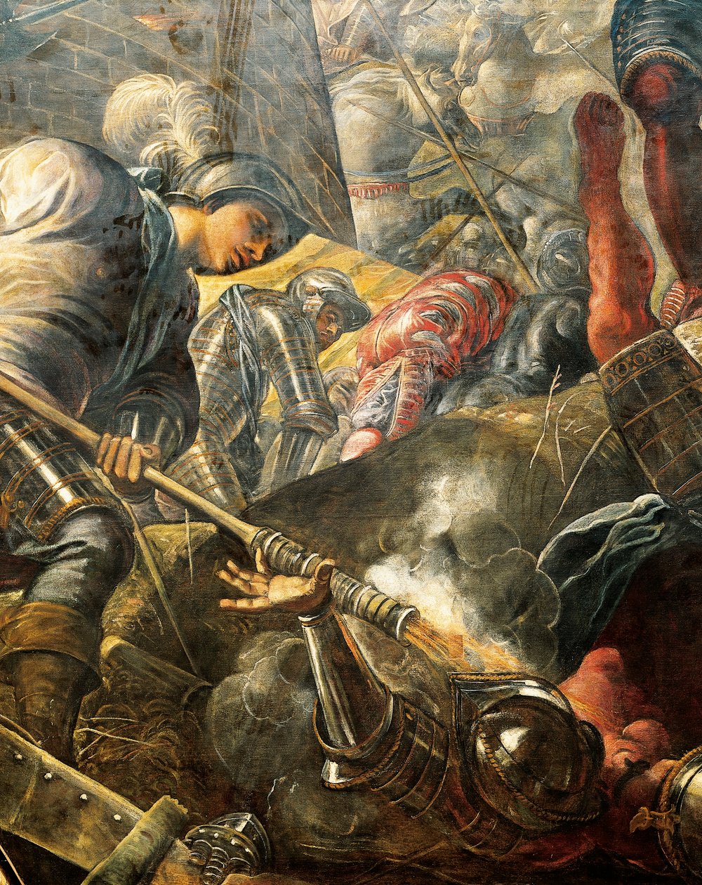 Venetsialaiset auttavat brescialaisia ​​murtamaan Filippo Maria Viscontin piirityksen, kirjoittanut Jacopo Robusti, joka tunnetaan nimellä Tintoretto (1518-1594), Detail, Sala del Maggior Consiglio (Suur neuvoston sali), Palazzo Ducale, Venetsia tekijältä Jacopo Robusti Tintoretto