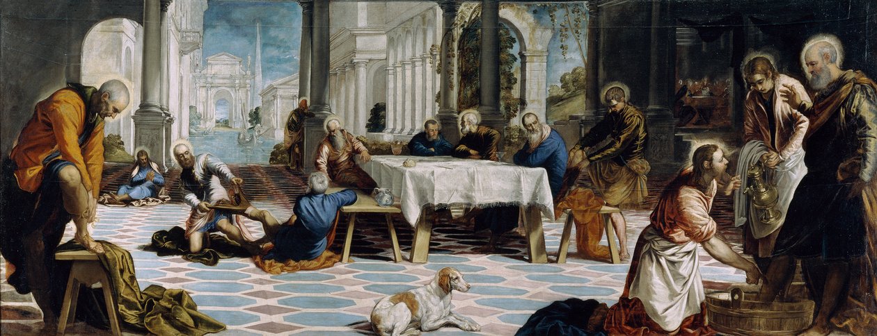 Jalkojen pesu, n. 1547 (öljy kankaalle) tekijältä Jacopo Robusti Tintoretto
