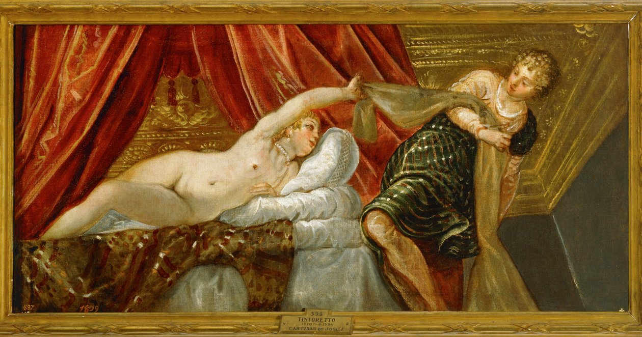 Joosefin siveys - Joosef ja Potifarin vaimo ... (maalaus kankaalle) tekijältä Jacopo Robusti Tintoretto