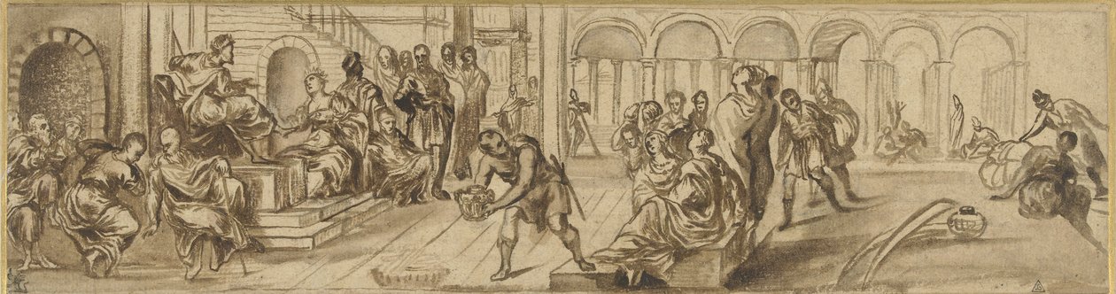 Salomo ja Saaban kuningatar, noin 1600 (kynä paperille). tekijältä Jacopo Robusti after Tintoretto