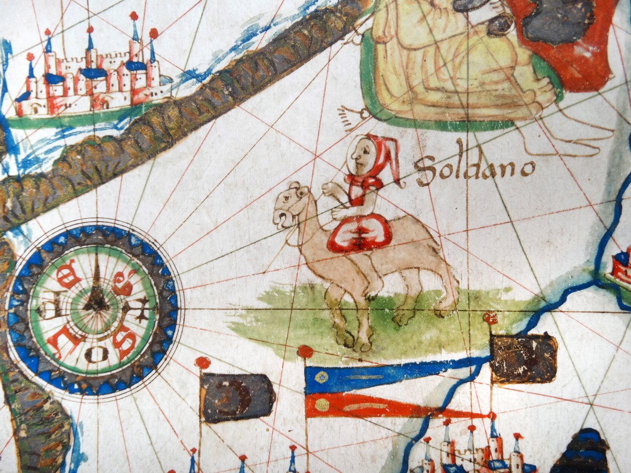 Arabikauppias kamelin selässä, yksityiskohta renessanssin Euroopan kartalta, Jacopo Russo (jälkeen) 1528 tekijältä Jacopo Russo