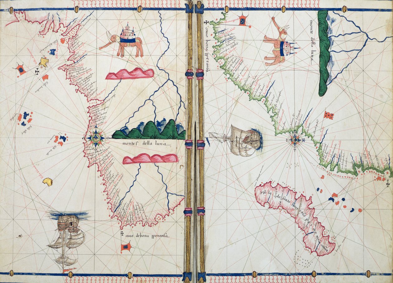 Ms Ital 550.0.3.15 fol.4v-5r Afrikan ja Hyvän toivon niemimaan kartta, Carte Geografiche -teoksesta. tekijältä Jacopo Russo
