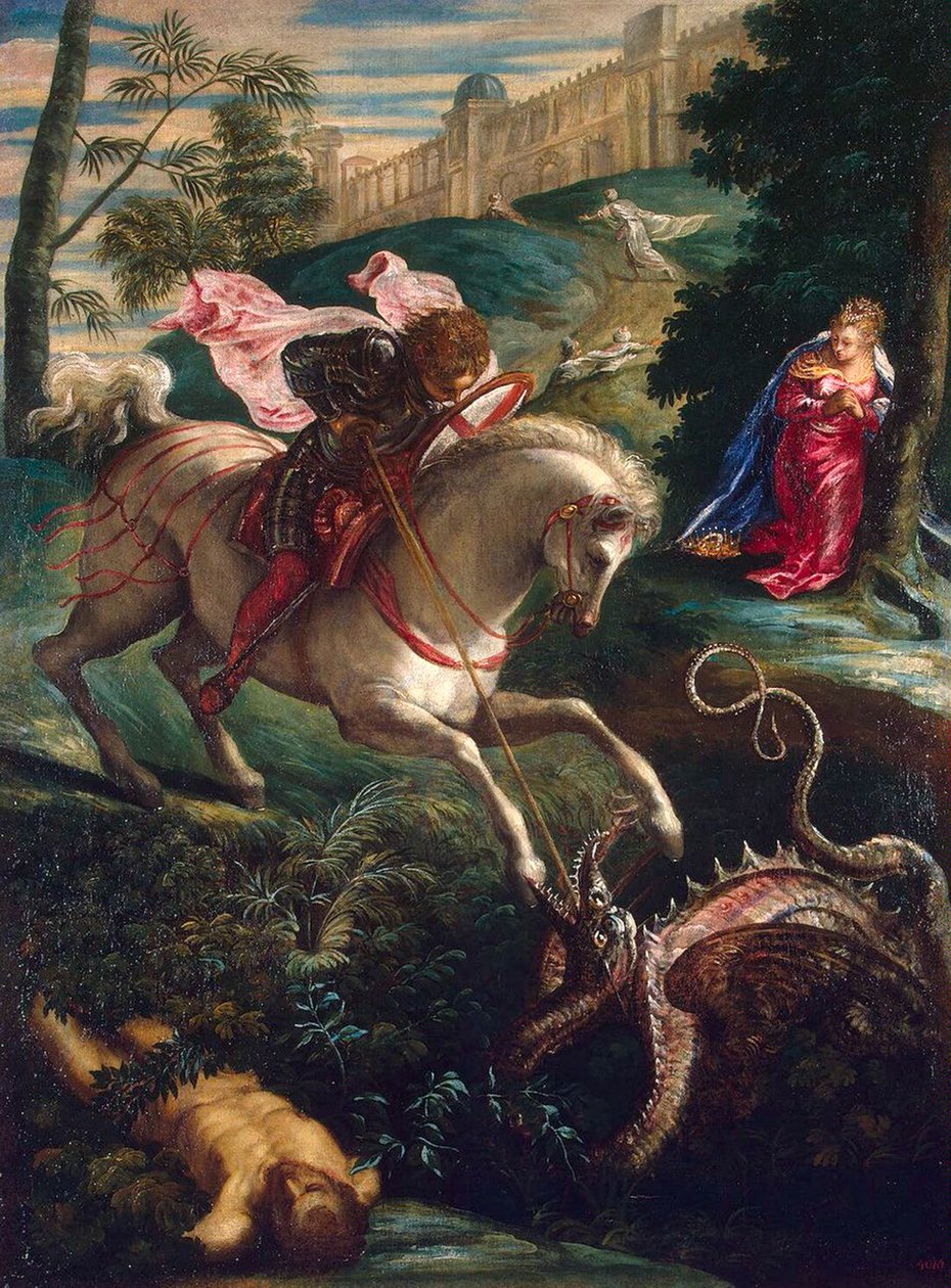 Pyhä Yrjö ja lohikäärme", 1543. tekijältä Jacopo Tintoretto