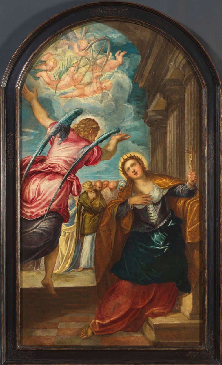 Enkeli ennustaa Pyhälle Katariinalle Aleksandrialaisen marttyyrikuolemasta 1570-luvulla. tekijältä Jacopo Tintoretto