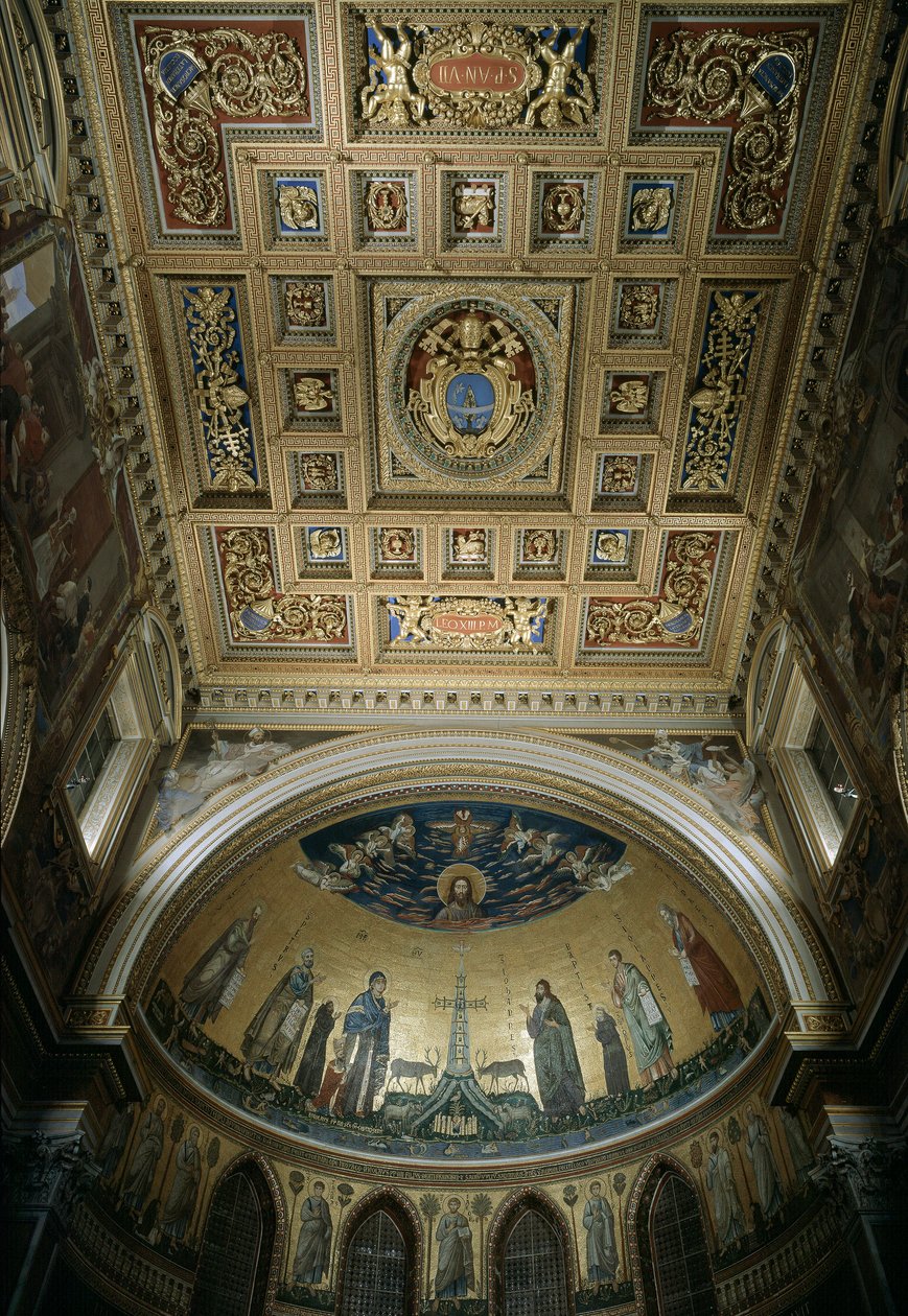 Sisäkuva Pyhän Johanneksen basilikan (San Giovanni in Laterano) apsisista. Jacopo Torritin mosaiikki (toimii noin 1291-1300-luvulla) ja Jacopo da Camerino (toimii noin 1288-1331), jotka edustavat Jerusalem Celesteä. Rooma tekijältä Jacopo Torriti