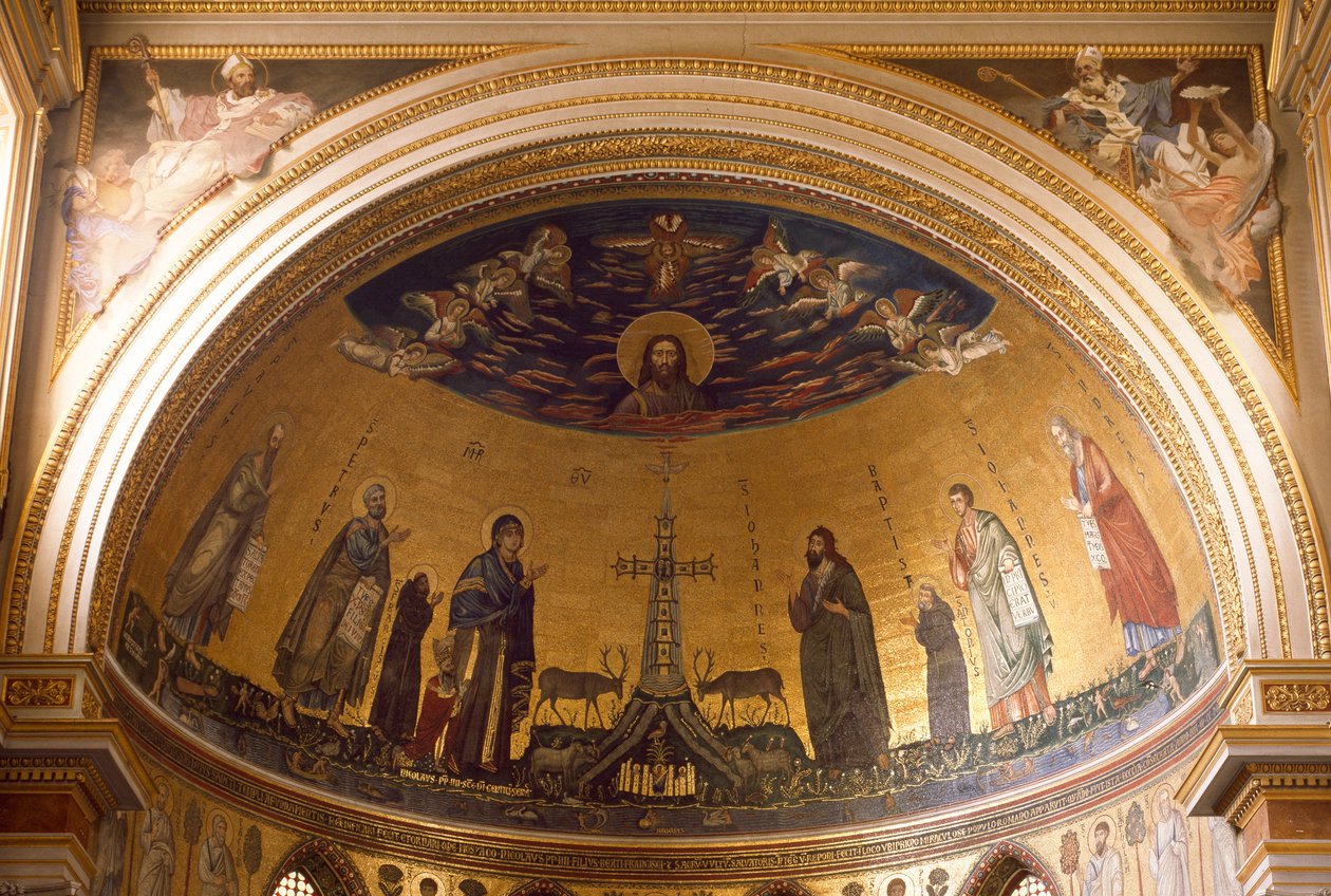Sisäkuva Pyhän Johanneksen basilikan (San Giovanni in Laterano) apsisista. Jacopo Torritin mosaiikki (toimii noin 1291-1300-luvulla) ja Jacopo da Camerino (toimii noin 1288-1331), jotka edustavat Jerusalem Celesteä. Rooma tekijältä Jacopo Torriti