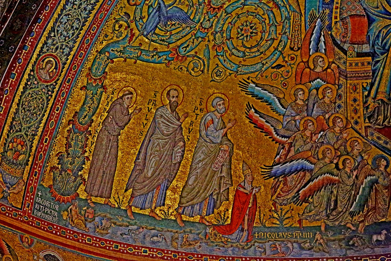 Pyhä Franciscus, Pyhä Paavali, Pyhä Pietari, paavi Nikolai IV ja enkelit osallistumassa Neitsyen kruunajaisiin, apsi, n. 1290 mosaiikki tekijältä Jacopo Torriti