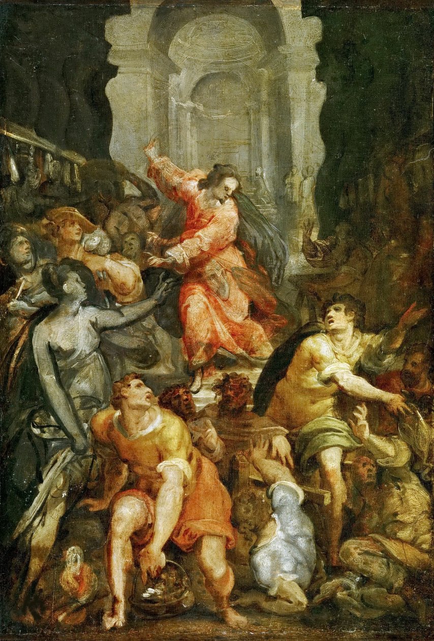 Kristus ajaa rahanvaihtajia temppelistä, noin 1588. tekijältä Jacopo Zucchi
