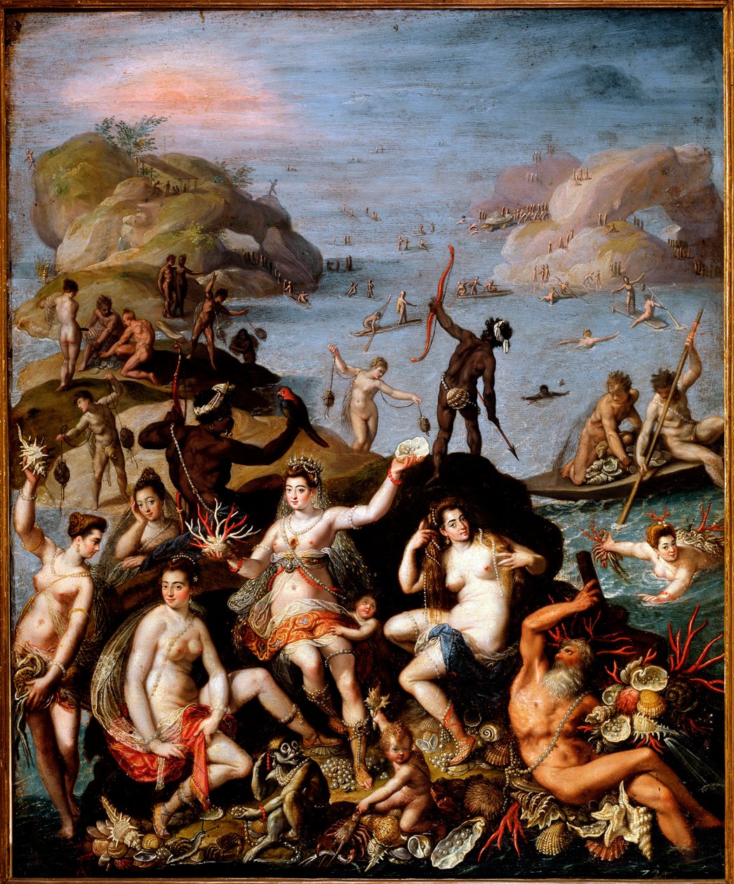 Korallin kalastus Allegorinen esitys uuden maailman löydöstä. Vesi- ja intialaiset nymfit meren rikkaudella, korallilla, helmenkuorilla. Jacopo Zucchin (1551-1589) maalaus 1585 noin. Himmeä. 55 x 45 cm Rooma, galleria Borghese tekijältä Jacopo Zucchi