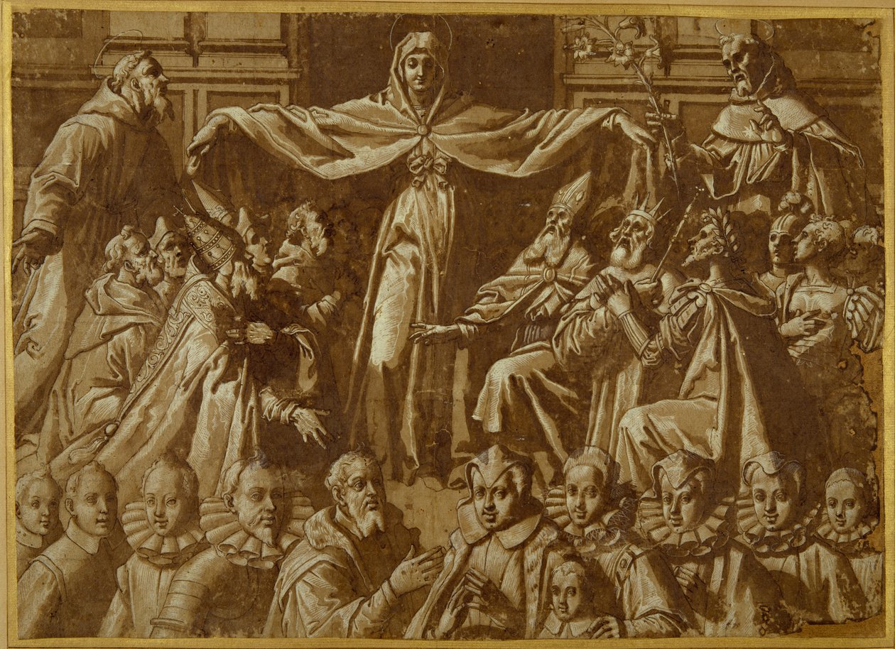 Madonna della Misericordia Sts. Franciscus ja Dominic muiden pyhimysten ja hallitsijoiden sekä lahjoittajien perheen kanssa (kynä ja ruskea muste pesuaineella ja valkoinen vartaloväri paperilla) tekijältä Jacopo Zucchi