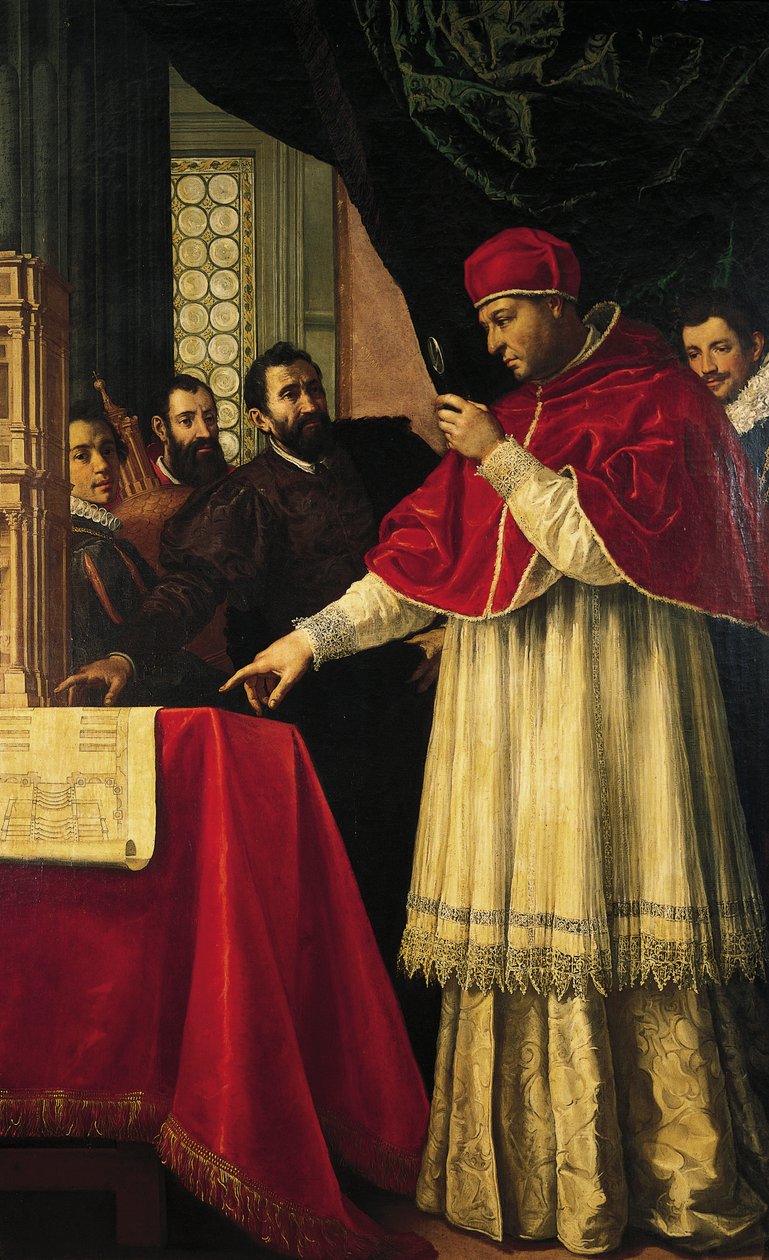Michelangelo esittelee San Lorenzon julkisivun, Laurentiuksen kirjaston ja Medicien hautakammioiden malleja paavi Leo X:lle ja kardinaali Giulio de Medicille. tekijältä Jacopo da Empoli (and workshop)