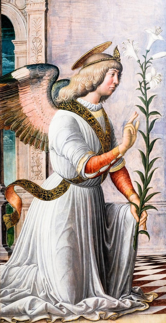 Enkeli Marian ilmestys, n. 1494-97 (maalaus). tekijältä Jacopo da Montagnana