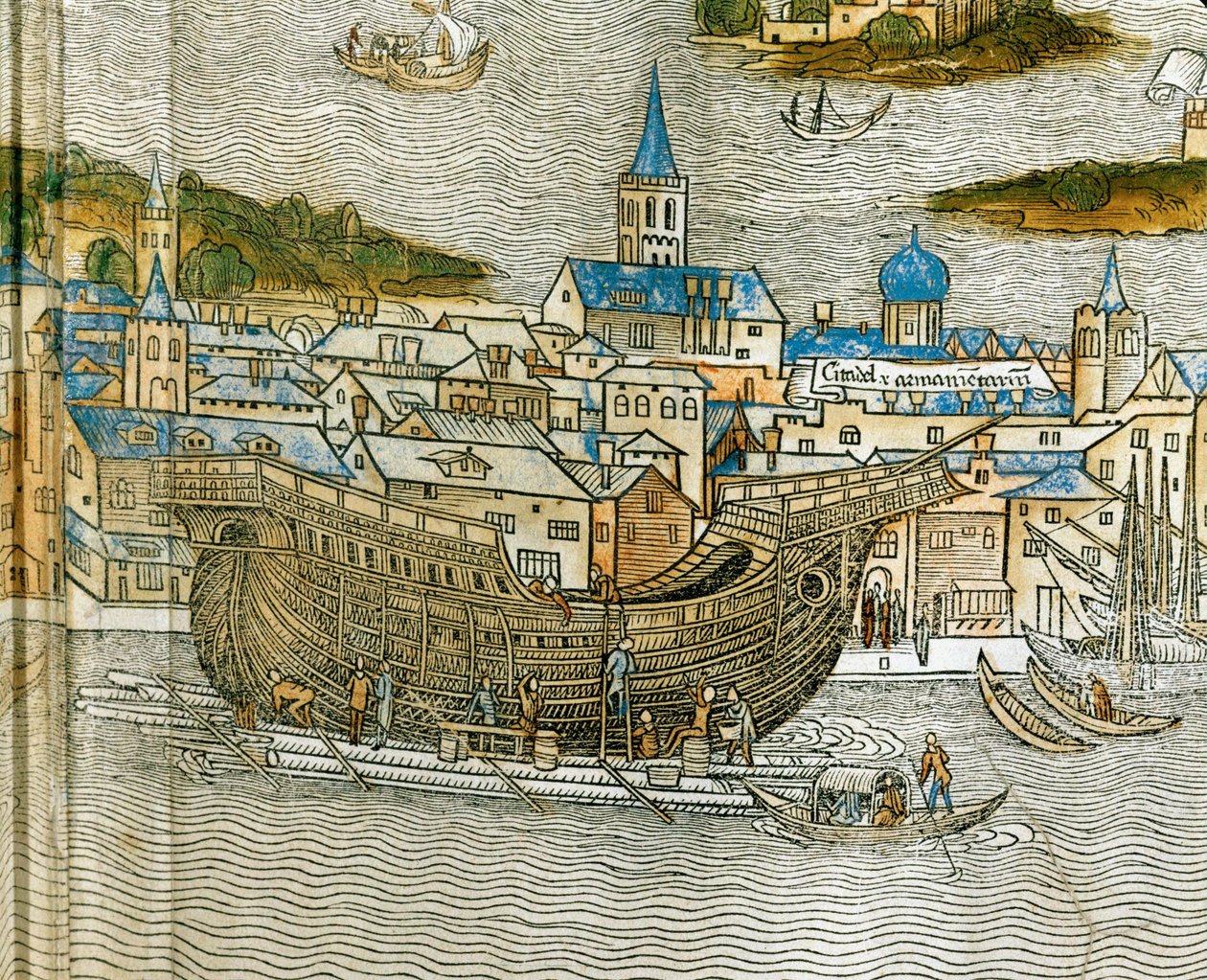 Kaleerin rakentaminen Venetsian telakalla, Peregrinatio in Terram Sanctam -teoksesta, joka painettiin ensimmäisen kerran latinaksi vuonna 1486... (puupiirros). tekijältä Jacopo de