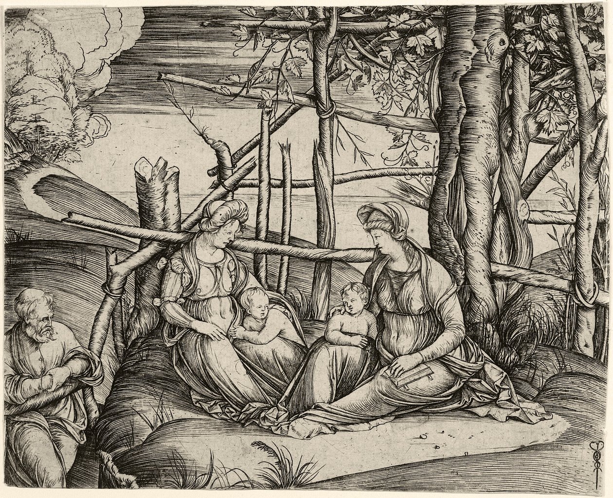 Pyhä perhe Pyhän Elisabetin ja Pyhän Johanneksen lapsen kanssa, n. 1499-1501 tekijältä Jacopo de Barbari