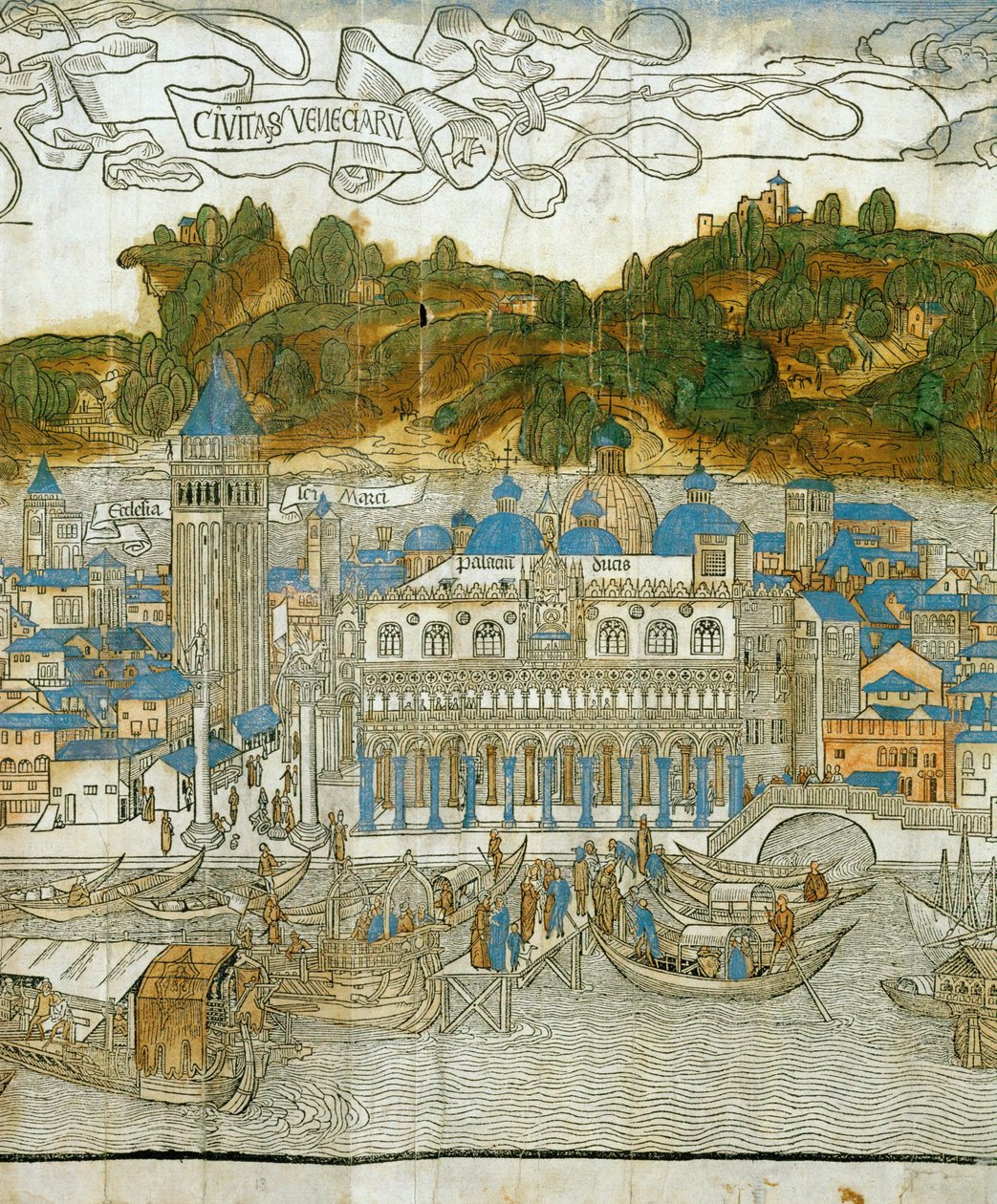 Venetsia ja vanha campanile ennen maanjäristyksen aiheuttamaa tuhoa, Pregrinatio in Terram Sanctam -teoksesta, joka painettiin ensimmäisen kerran vuonna 1486 ... (puupiirros). tekijältä Jacopo de