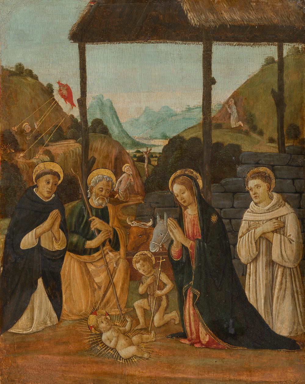 Anbetung des Kindes in Anwesenheit des Johannesknaben und der Heiligen Dominikus und Bernhard von Clairvaux tekijältä Jacopo del Sellaio