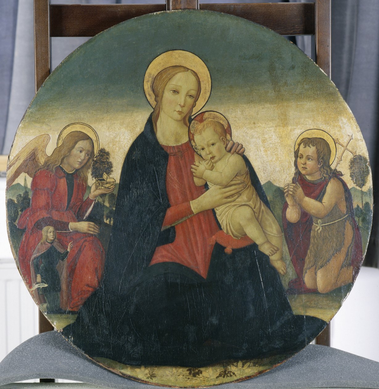 Madonna ja lapsi arkkienkeli Rafaelin ja Pyhän Johanneksen kanssa, n. 1490 (tempera poppelipuulla) tekijältä Jacopo del Sellaio