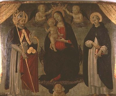 Madonna, jota reunustavat Pyhä Nikolaus ja Pyhä Pietari Marttyyri (paneeli). tekijältä Jacopo del Sellaio
