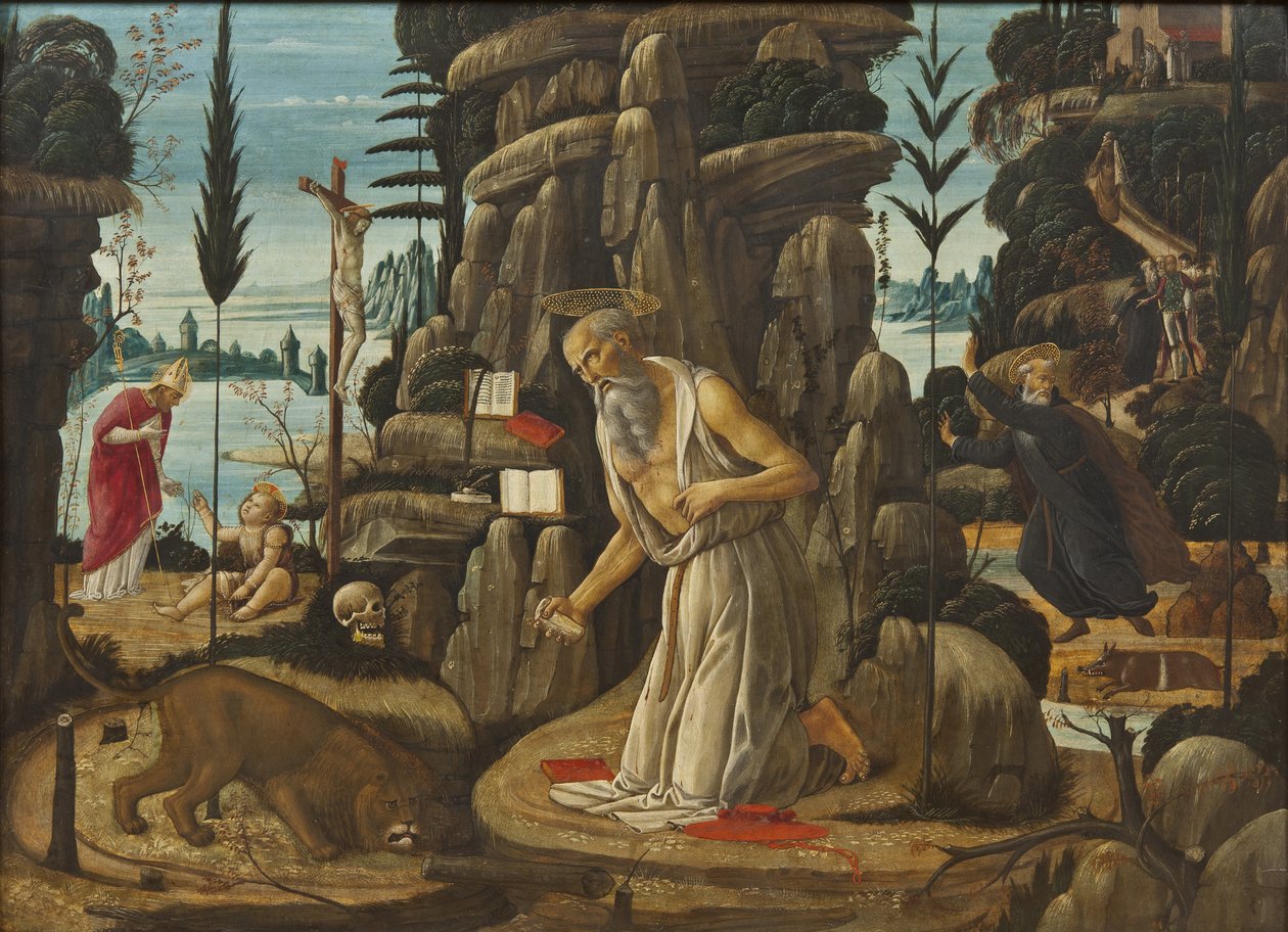 Saint Jerome katuva - Katuva pyhä Hieronymus, kirjoittanut Jacopo del Sellaio (1442-1493). Öljy puulle. Mitat: 66,5x91,5 cm. Tukholman kansallismuseo tekijältä Jacopo del Sellaio