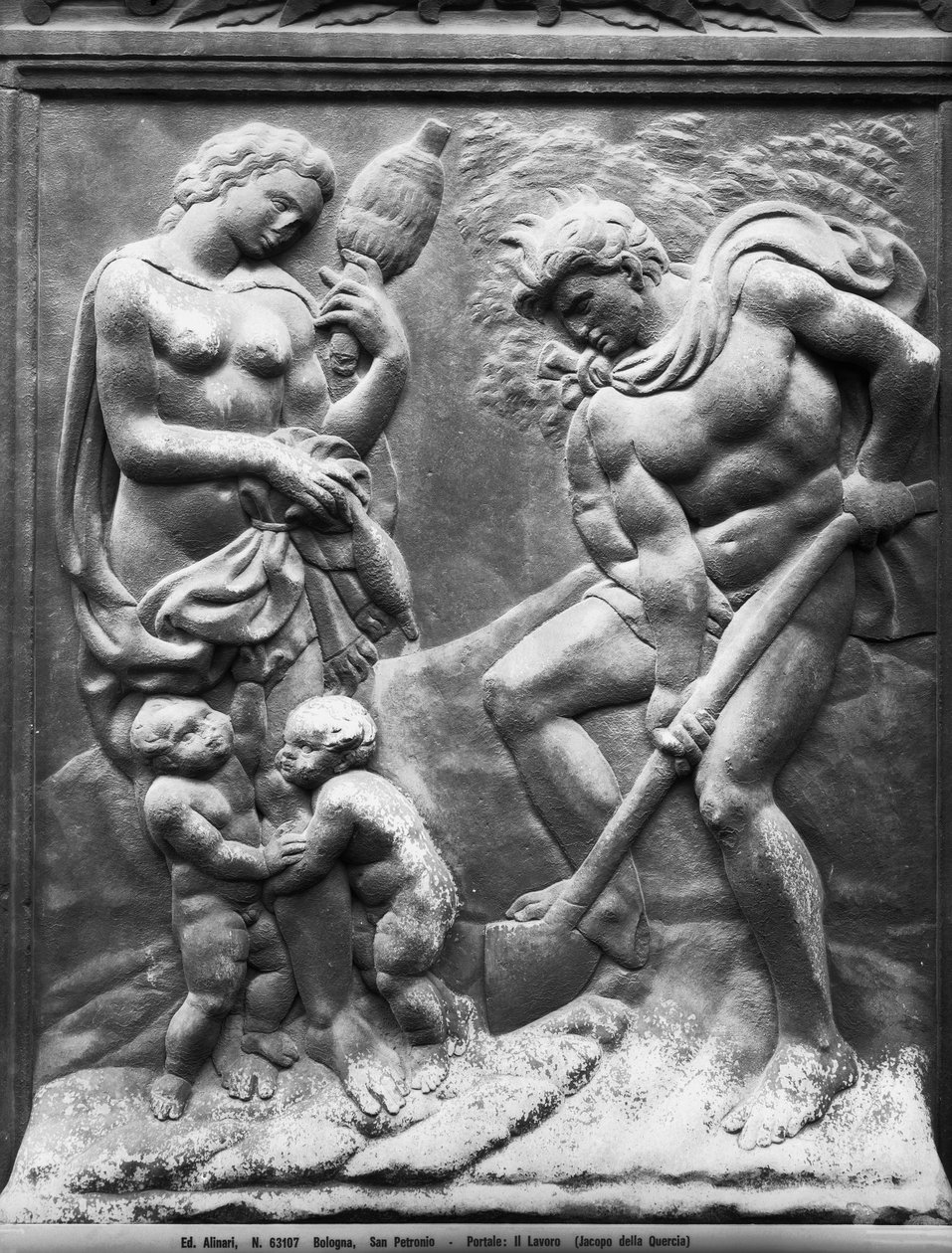 Adam ja Eeva pakotettiin töihin, paneeli Porta Magnasta, n. 1430 (marmori) tekijältä Jacopo della Quercia
