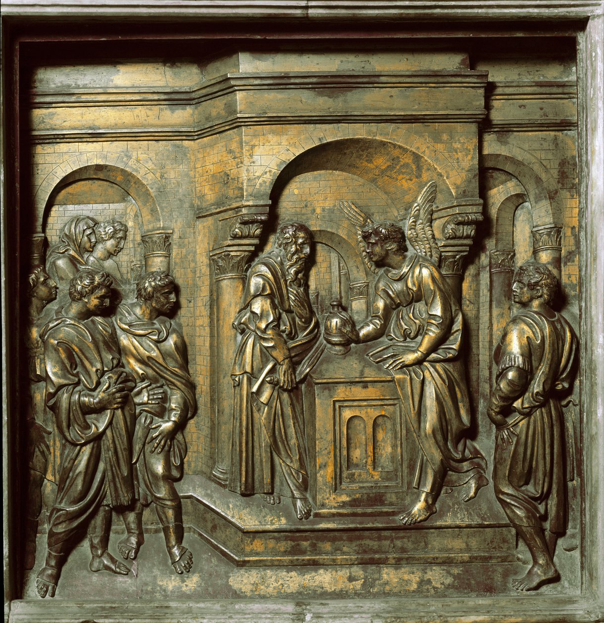 Enkeli ilmestyy Sakarialle (pronssilaatta kastealtaalta, n. 1427) tekijältä Jacopo della Quercia