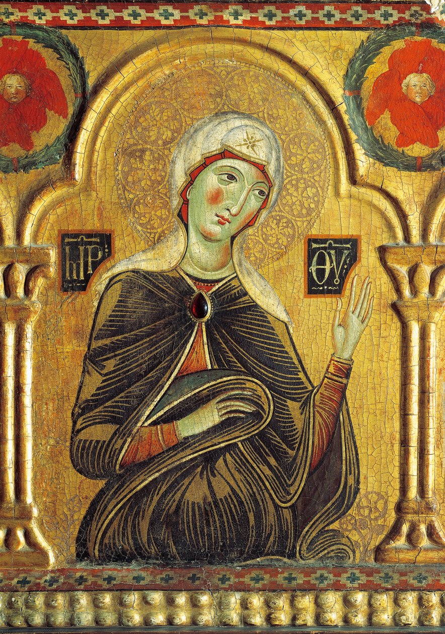 Marian figuuri, Lunastaja Madonnan ja kolmen pyhän kanssa, Meliore Toscano tai Meliore di Jacopo (noin 1255-1285), tempera ja kulta paneelissa, 85x210 cm tekijältä Jacopo di Meliore