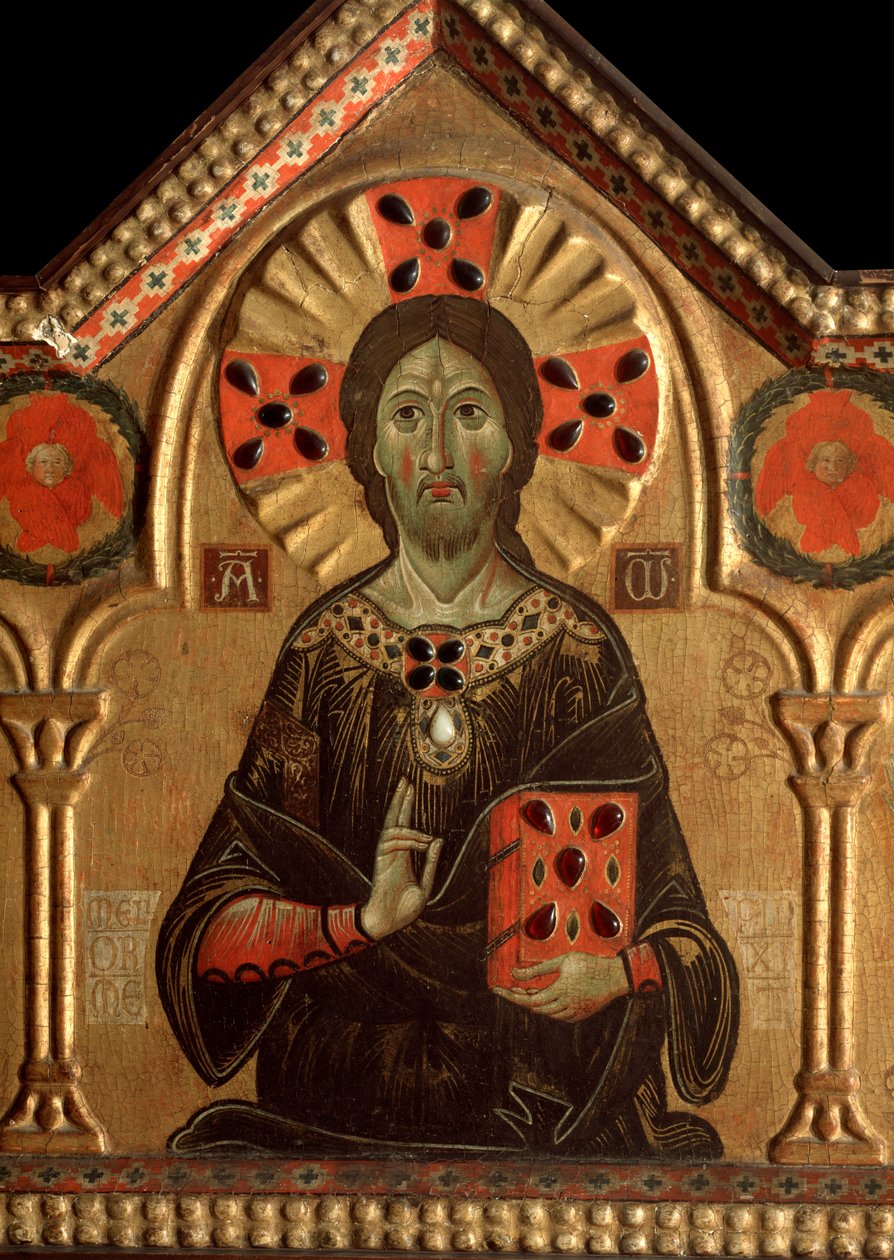 Polyptyykki, jossa lunastaja ja pyhät: Yksityiskohta Jeesuksesta, jonka aureoli on merkitty ristillä - öljy paneelissa 1271 tekijältä Jacopo di Meliore
