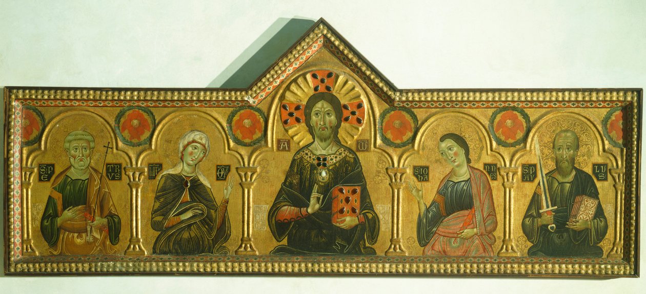 Lunastaja Madonnan ja kolmen pyhän kanssa, Meliore Toscano tai Meliore di Jacopo (n. 1255-1285), tempera ja kulta paneelissa, 85x210 cm, Yksityiskohta tekijältä Jacopo di Meliore