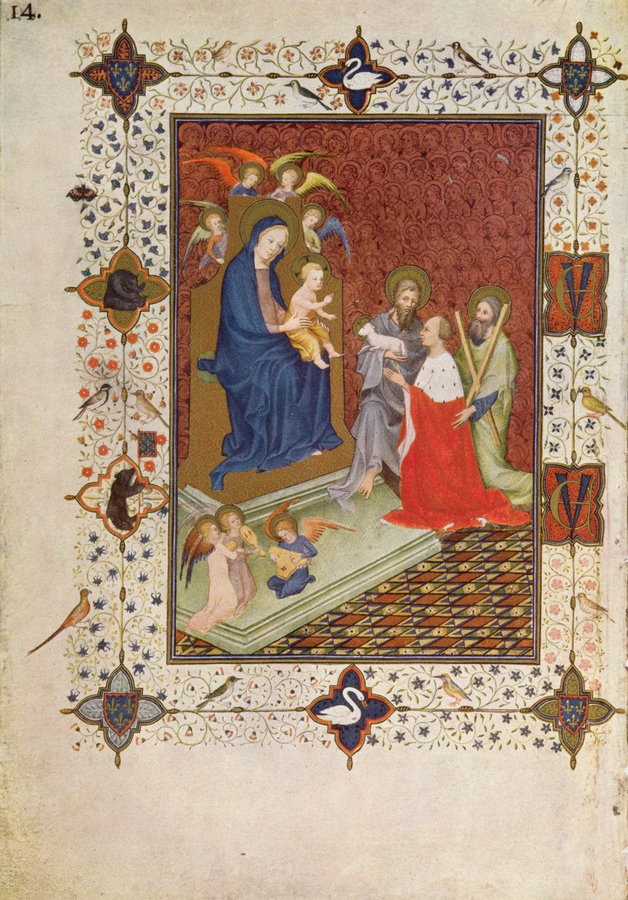 MS 11060-11061 Frontispiece, jossa John, Duc de Berry, St. Andrew ja St. John rukoilevat Neitsyt, ranskan edessä, Tres Riches Heures du Duc de Berrystä tekijältä Jacquemart de Hesdin