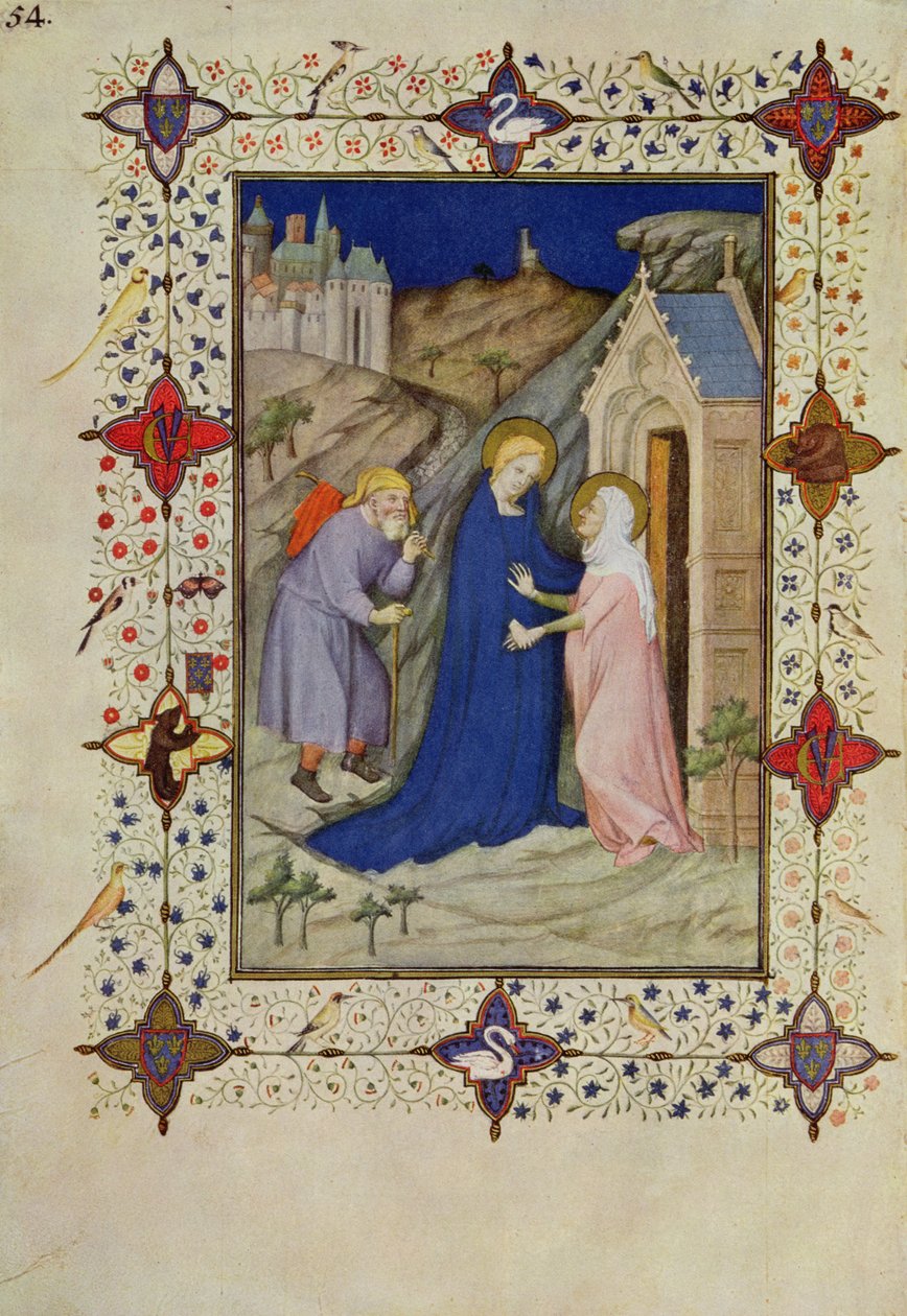 MS 11060-11061 Notre Damen aukioloajat: Laudes, The Visitation, Tres Riches Heures du Duc de Berrystä tekijältä Jacquemart de Hesdin