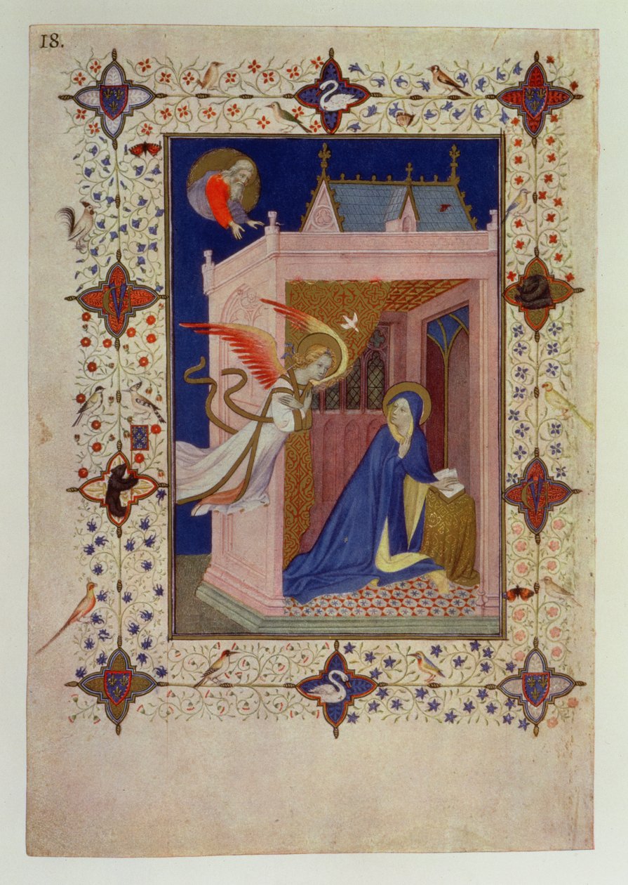 MS 11060-11061 Notre Damen kirkkotunnit: Matins, Marian ilmestys, teoksesta "Tres Riches Heures du Duc de Berry". tekijältä Jacquemart de Hesdin