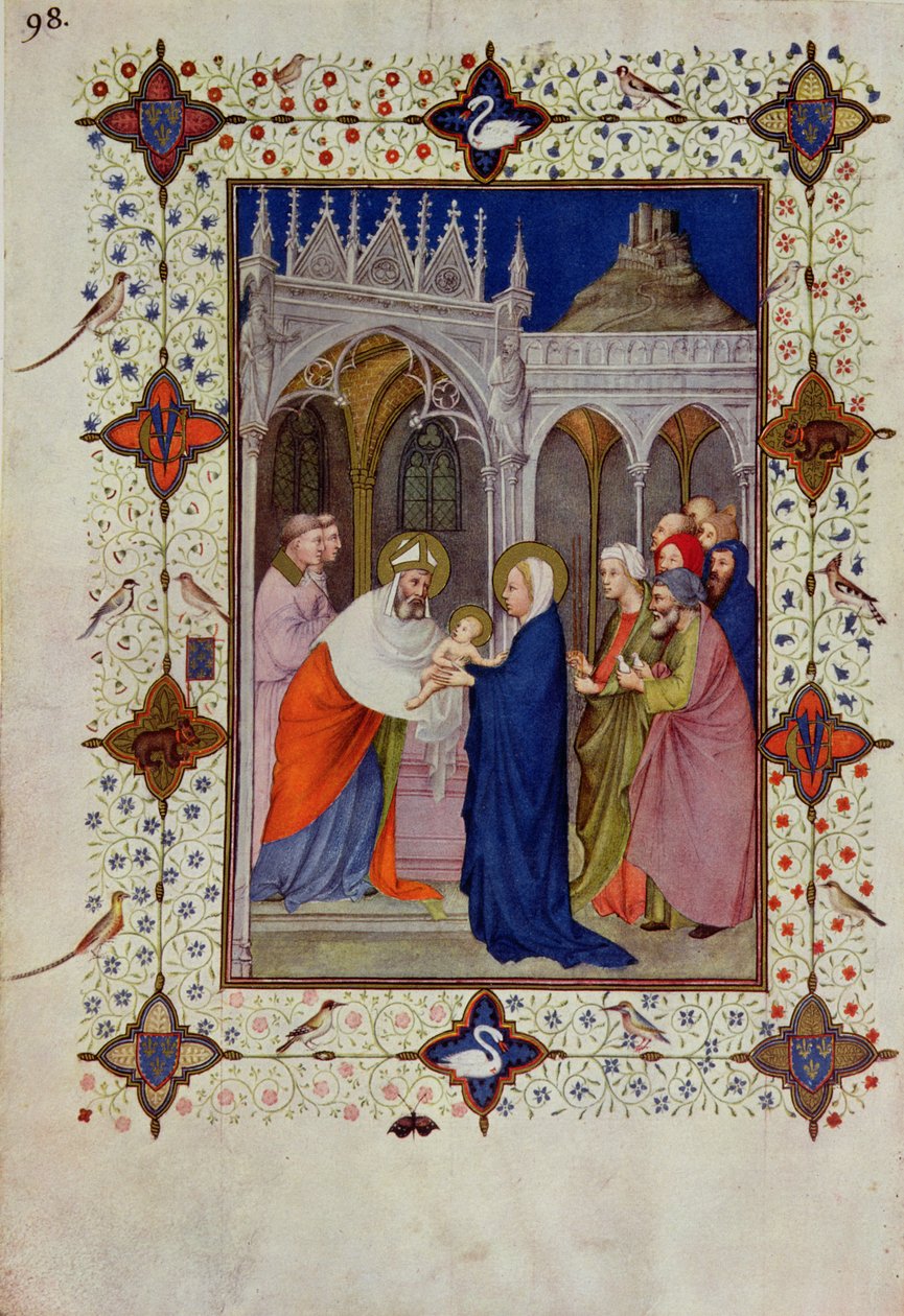 MS 11060-11061 Notre Damen aukioloajat: Ei mitään, esitys temppelissä, "Tres Riches Heures du Duc de Berry" tekijältä Jacquemart de Hesdin