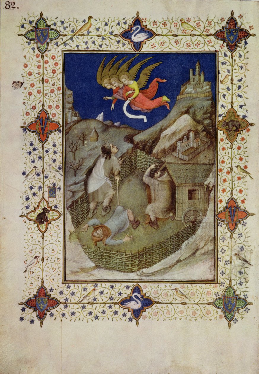 MS 11060-11061 Notre Damen tunnit: Tierce, Paimenille ilmestyvät enkelit Tres Riches Heures du Duc de Berrystä tekijältä Jacquemart de Hesdin