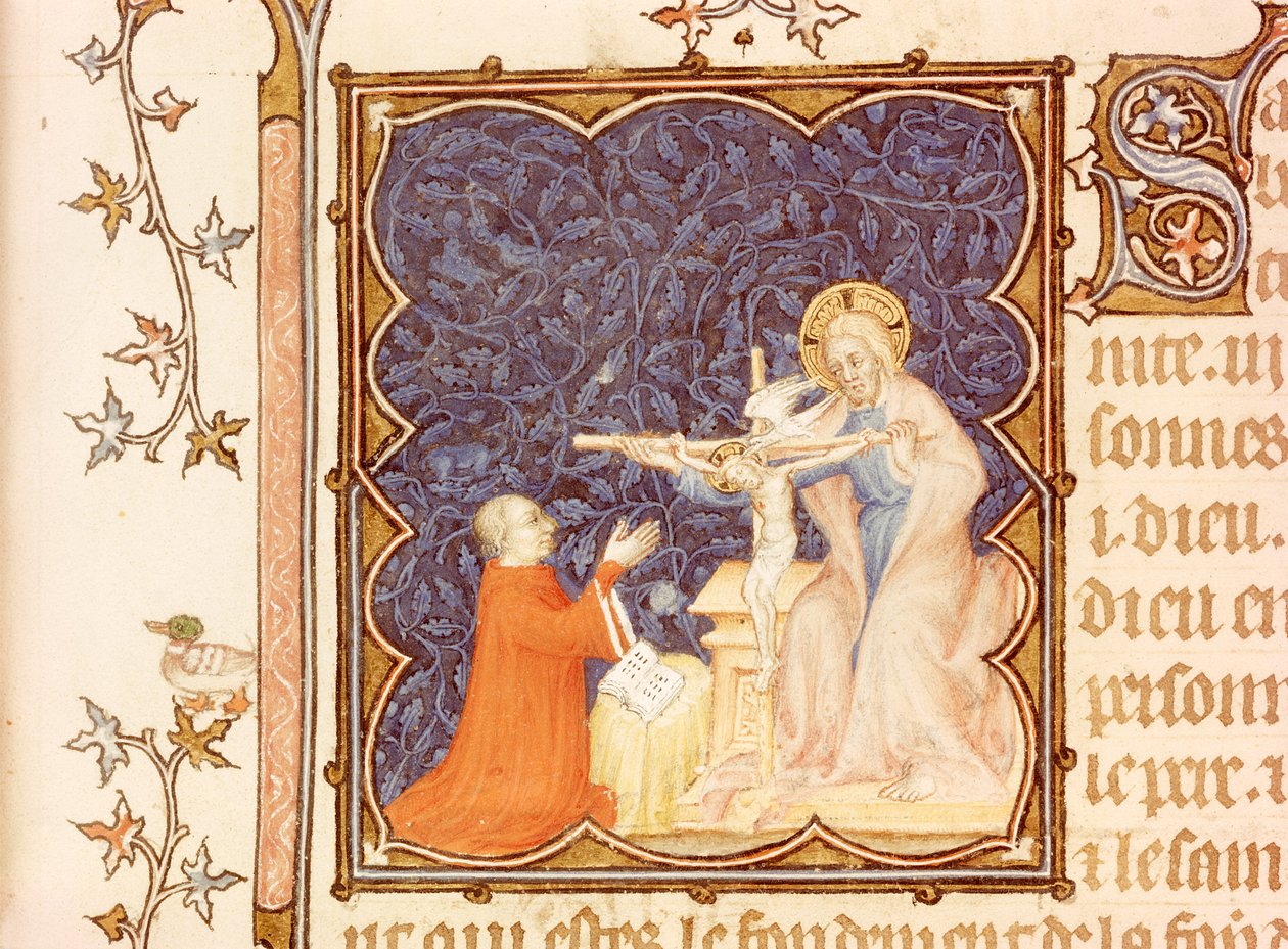 Ms Lat 18014 Jean de France (1340-1416) Berryn herttua rukoilemassa ristiinnaulitun Jeesuksen edessä, Les Petites Heures de Duc de Berrystä, n. 1385-1390 tekijältä Jacquemart de Hesdin